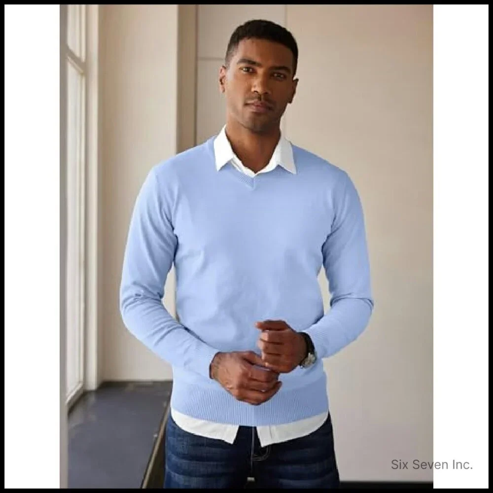 Lightweight V-Neck Pullover Sweater Classic Knitted Slim Fit Business Casual